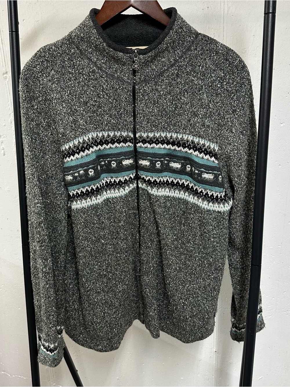Woolrich Charcoal Zip-Up Sweater with Teal Fair Isle Band Sheep